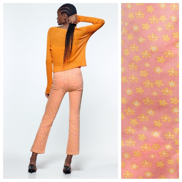 NWT. Zara Pink/Yellow Floral Print Flared Cropped Jeans. Size 4. - Picture 4 of 11